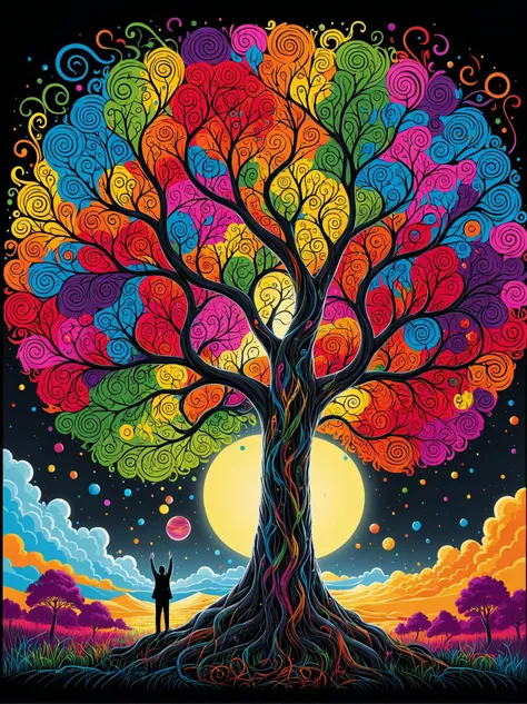 ASCIIbreathtaking brightly colored tree with swirly branches and a dark background, anton fadeev and dan mumford, happy intricate, krita, chris dyer, illustration:.4, gnarly details soft light, multi coloured, wikiart, andrei riabovitchev symmetrical, illustration detailed, discord pfp, finely detailed illustration, liam brazier, (extremely detailed . award winning, professional, highly detailed