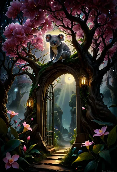 shadowy, koala, Amidst a realm of ethereal allure, a hidden garden of wonders emerges, its enchanting blossoms a gateway to enchantment, Flickering and twinkling, intricate details, ultra sharp, fantasy art concept, fantastical fairy tale, whimsical surroundings <lora:zavy-mthcl-sdxl:0.8> zavy-mthcl