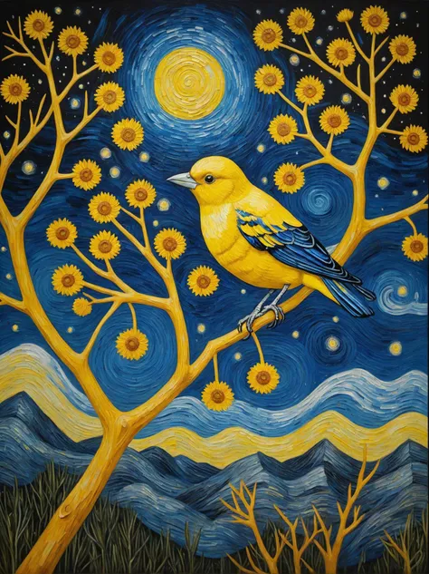 ASCIIa painting, there is a yellow bird sitting on a branch with a black background, yellow beak, birb, with a yellow beak, avian inspired, woo kim, on a branch, cel illustration, a surrealistic bird, dan mora, inspired by yoshitoshi mori, yellow aureole, inspired by john james audubon, inspired by yoshitoshi abe, naive art, van gogh art style, stary night painting, starry night, van gogh style, vincent van gogh style, starry night!!!!!!!!!!!!!!!!!!!!, van gogh painting, inspired by vincent van gogh, the starry night, inspired by van gogh