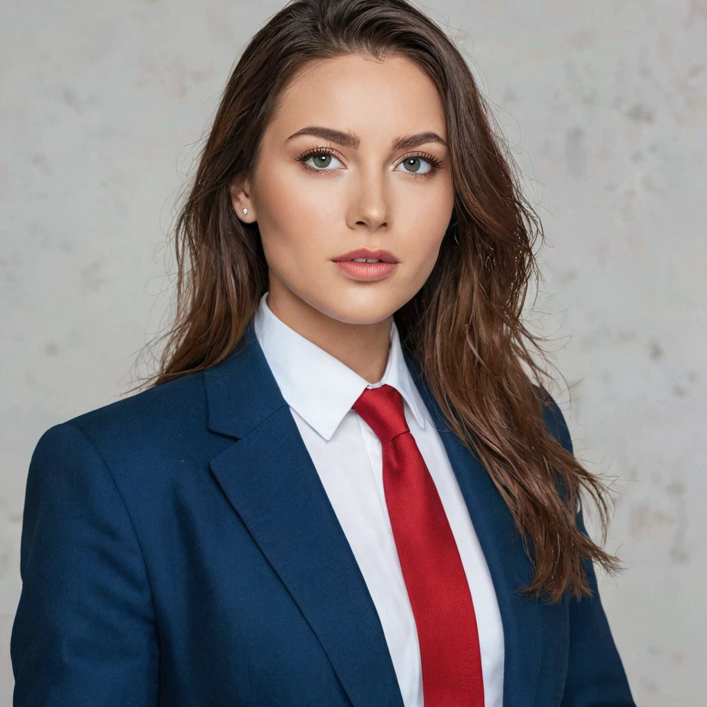 A striking brunette with piercing green eyes wearing a blue business suit and red tie stands confidently against a stark white background.
<lora:sdxl_lightning_4step_lora:1>
