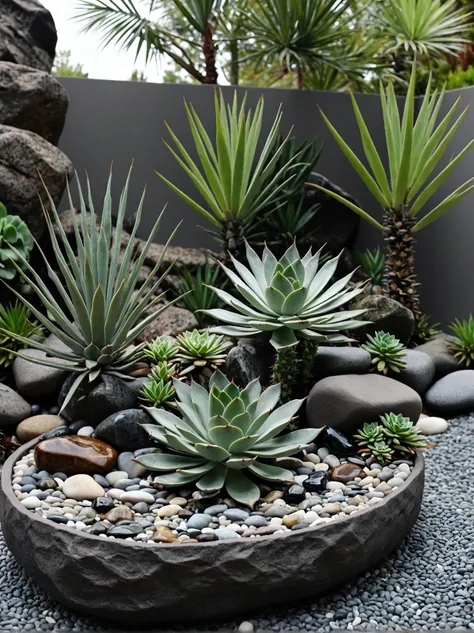 ASCIIzentangle the painting captures a serene garden scene, with a variety of succulent plants nestled among rocks and pebbles. the centerpiece is a large agave plant, its long, spiky leaves reaching upwards towards the sky. surrounding it are smaller succulents, their vibrant green hues contrasting beautifully with the gray and brown tones of the rocks. in the background, a white wall provides a calming backdrop, enhancing the overall tranquility of the scene. the colors used in the painting are muted and naturalistic, creating a harmonious blend that reflects the peacefulness of the garden setting. . intricate, abstract, monochrome, patterns, meditative, highly detailed