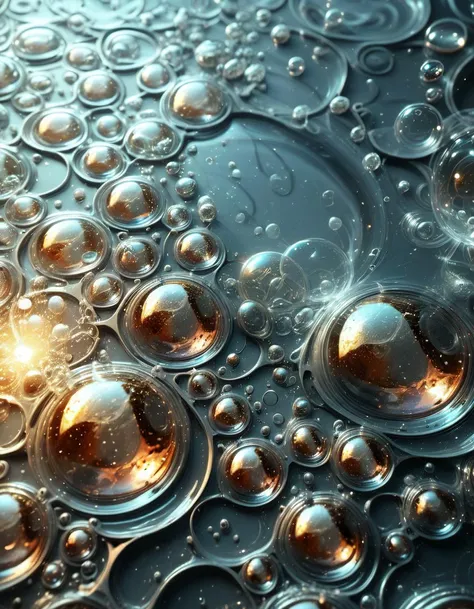 (Bubbly Surface Textures), Gilded details, Creative concept, Luminous reflections, Innovative concept, Fiery edges, Serene ambiance