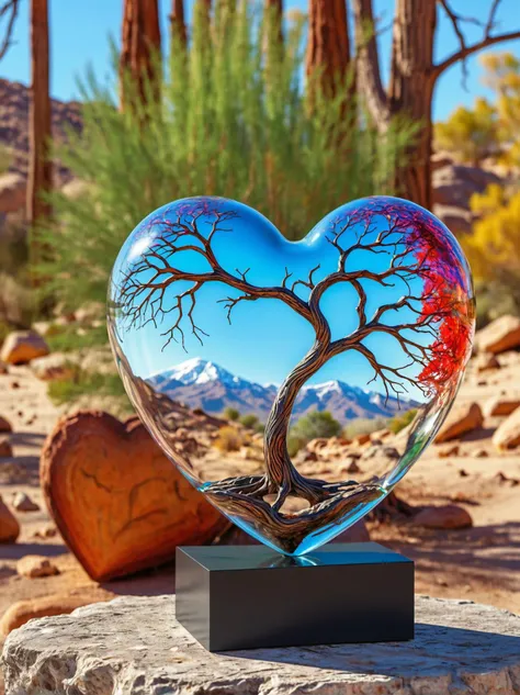 ASCIIthere a glass heart sculpture, concealed inside is a, the digital art piece portrays a tree, uniquely characterized by its vibrant and multicolored trunk that resembles the swirling patterns of a psychedelic painting. the branches of the tree are adorned with leaves in shades of red, orange, green, and yellow, giving it an autumnal appearance. the tree is situated in a desert like setting, surrounded by sparse vegetation and rocky terrain. the backdrop features distant mountains under a clear blue sky, further emphasizing the tree's striking colors and form., detailed image, 8k, 8k high quality detailed art, heart shaped sphere, amazing wallpaper, digital painting highly detailed, 8 k hd detailed oil painting, beautiful art uhd 4 k, focus on glass heart, close up, bokeh, unfocused, extremely detailed award winning photography fantasy studio lighting photorealistic very attractive beautiful imperial colors ultra detailed 4k 3d hdr very
