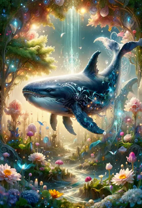astral, whale, In a realm of eternal summer, a radiant garden flourishes, its sun-kissed blossoms blooming in resplendent glory, Creating lens artifacts, intricate details, ultra sharp, fantasy art concept, fantastical fairy tale, whimsical surroundings <lora:dvr-hgh-fnt:0.8> dvr-hgh-fnt