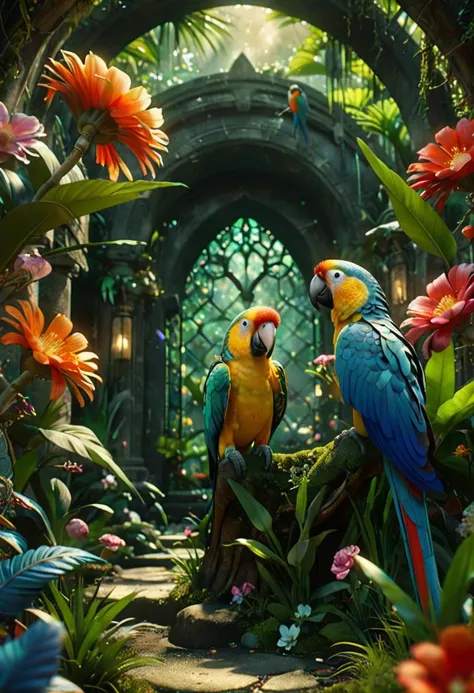 immortal, parrot, Amidst a hidden sanctuary, a garden of serenity unfolds, its tranquil blooms inviting inner peace and harmony, Glowing softly, intricate details, ultra sharp, fantasy art concept, fantastical fairy tale, whimsical surroundings <lora:ç»ªå¿ çµå½±å§ç
§:0.8> xuer film still