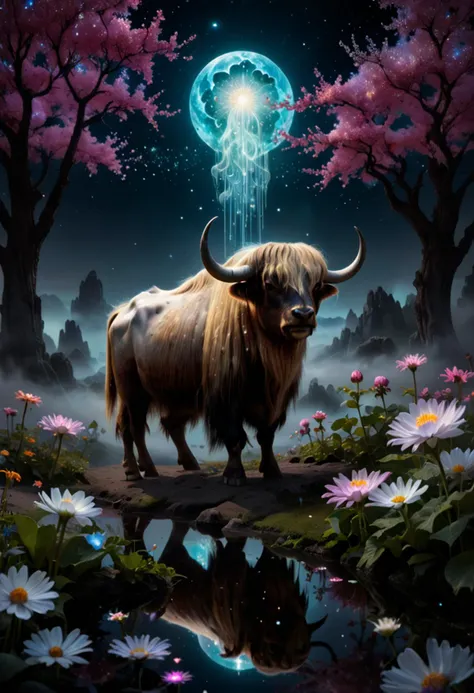 fabled, yak, Within a celestial realm, a garden of ethereal beauty flourishes, its celestial blossoms a reflection of celestial majesty, Being diffused by translucent materials, intricate details, ultra sharp, fantasy art concept, fantastical fairy tale, whimsical surroundings <lora:zavy-mthcl-sdxl:0.8> zavy-mthcl