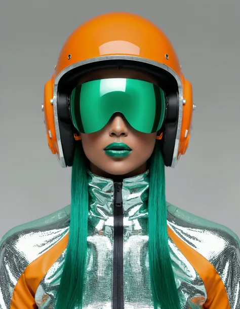 Cyber Anarchy Salon de Artificiel, Designer Glam Avant Garde Fashion, Orange helmet Emerald accents Reflective textures Strategic pose