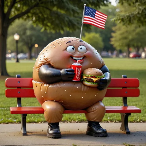 <lora:spherimal:1.2>spherical sphrml obese burger holding coke, round person, usa flag, sitting on bench, spherical sphrml whopper in park, blob