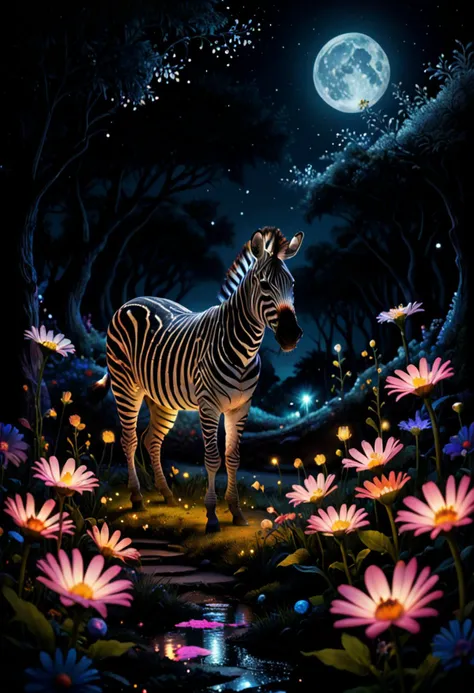 mythical, zebra, Within a celestial realm, a garden of celestial flowers blooms, their luminescence illuminating the night, Penetrating through objects, intricate details, ultra sharp, fantasy art concept, fantastical fairy tale, whimsical surroundings <lora:zavy-mthcl-sdxl:0.8> zavy-mthcl