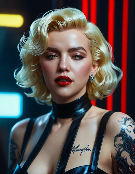 (masterpiece), (best quality), (ultra-detailed), Cyberpunk 2077 Marilyn Monroe Vampire Underworld Idol, illustration, disheveled hair, detailed eyes, perfect composition, moist skin, intricate details, earrings, by wlop