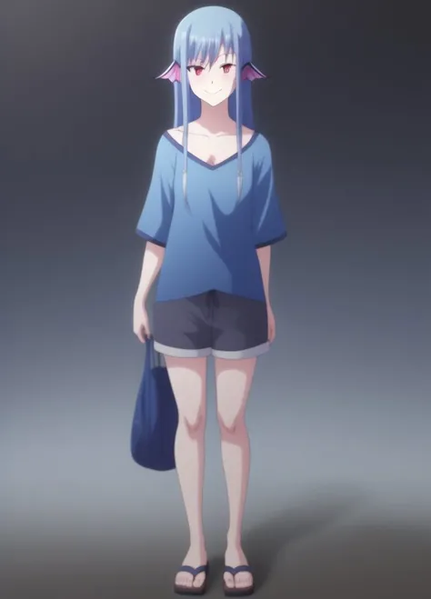 <lora:Leviathan:1.0>, Leviathan, 1girl, solo, black background, blue hair, blue shirt, blue shorts, blush, closed mouth, collarbone, fish girl, full body, hair between eyes, head fins, japanese clothes, long hair, looking at viewer, red eyes, sandals, shorts, smile, solo, standing, straight-on
