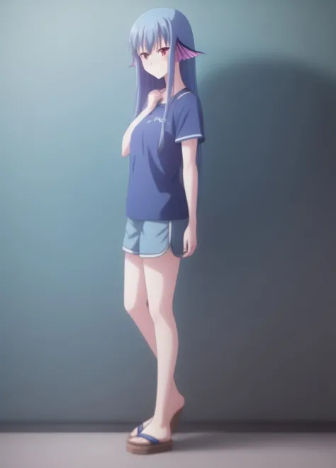 <lora:Leviathan:1.0>, Leviathan, 1girl, solo, black background, blue hair, blue shirt, blue shorts, blush, closed mouth, collarbone, fish girl, full body, hair between eyes, head fins, japanese clothes, long hair, looking at viewer, red eyes, sandals, shorts, smile, solo, standing, straight-on