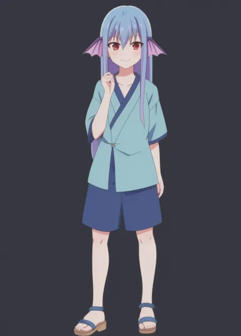 <lora:Leviathan:1.0>, Leviathan, 1girl, black background, blue hair, blue shirt, blue shorts, blush, closed mouth, collarbone, fish girl, full body, hair between eyes, head fins, japanese clothes, long hair, looking at viewer, red eyes, sandals, shorts, smile, solo, standing, straight-on