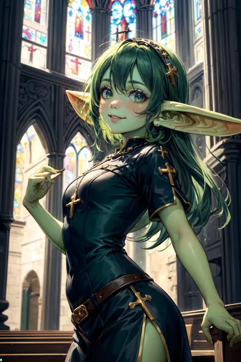 (masterpiece:1.2, best quality:1.2), depth of field:1.3, (beautiful, perfect, delicate, detailed, intricate, aesthetic:1.2), (solo), (smile, closed mouth), ((green hair)), long hair, <lora:more_details:0.45> (church, cathedral, crucifix), <lora:goblin_datasets_pruned:0.95> , (((goblin girl))) (((cowboy shot))) ((green skin)),