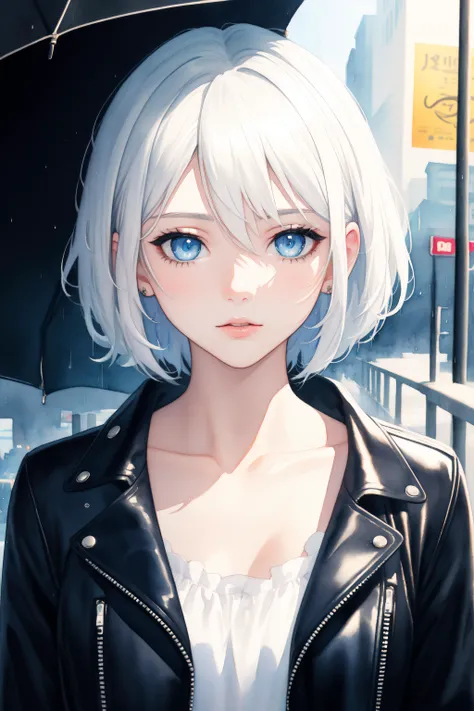 (Masterpiece), (artwork), (exquisite lighting), (pastel coloring), (watercolor), (portrait format), (a girl with short white hair, intense blue eyes, fair skin, wearing a black leather jacket), rainy city background, Eye details, facial features, hair details, intricate eyes, fair skin.
