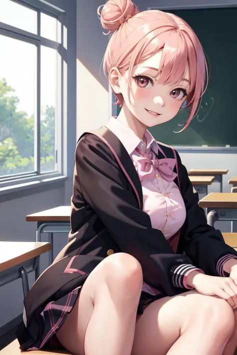 best quality, masterpiece, portrait, close up, upper body,
1girl, yuigahama yui, pink hair, brown eyes, short hair, single hair bun, medium breasts, school uniform, black jacket,
indoors, classroom,
looking at viewer, smile
<lora:Kizuki - OreGairu - Yuigahami Yui:0.90>