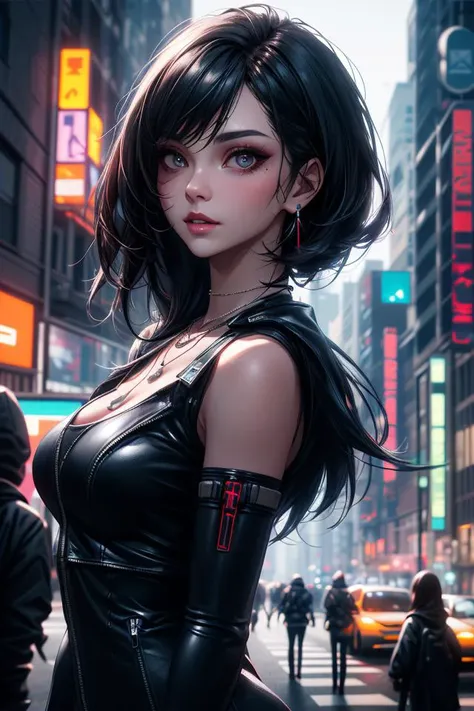  cyberpunk style+++, cgi, octane render,  photography, ray tracing, colorful, unreal engine 5, 
masterpiece, 8k, uhd, female, black hair, japanese, hazel eyes, elegant, beautiful face++, street, buildings, 20s, dynamic light, volumetric light, sidelocks, cyberpunk 2077, necklace, city skyline, dynamic angle, dynamic pose, large breasts, long hair, ponytail, full body,