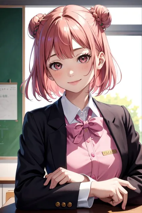 best quality, masterpiece, portrait, close up, upper body,
1girl, yuigahama yui, pink hair, brown eyes, short hair, single hair bun, medium breasts, school uniform, black jacket,
indoors, classroom,
looking at viewer, smile
<lora:Kizuki - OreGairu - Yuigahami Yui:0.90>