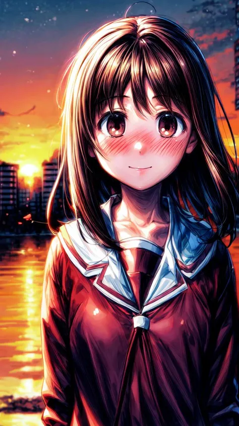 masterpiece, best quality, 1girl, medium hair, ayumu kasuga, brown hair, brown eyes, serafuku, school uniform, standing, blush, (shy, close-up, nervous smile, heart, looking at viewer:1.2), (narrowed eyes, own hands together, closed mouth:1.3), city, sunset, (wind, floating hair:1.2), character focus, shadow, upper body,  <lora:add_detail:2>, <lora:AyumuLoRAV2:0.7>,  <lora:GoodHands-vanilla:1>