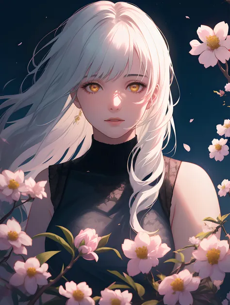 1girl, ultra realistic details, global illumination, shadows, octane render, 8k, windy, (night sky),white hair, flower, cherry tree, (hundreds of flowers), , warm colors, high details, realistic light, glowing eyes, facing camera, <lora:add_detail:0.4>