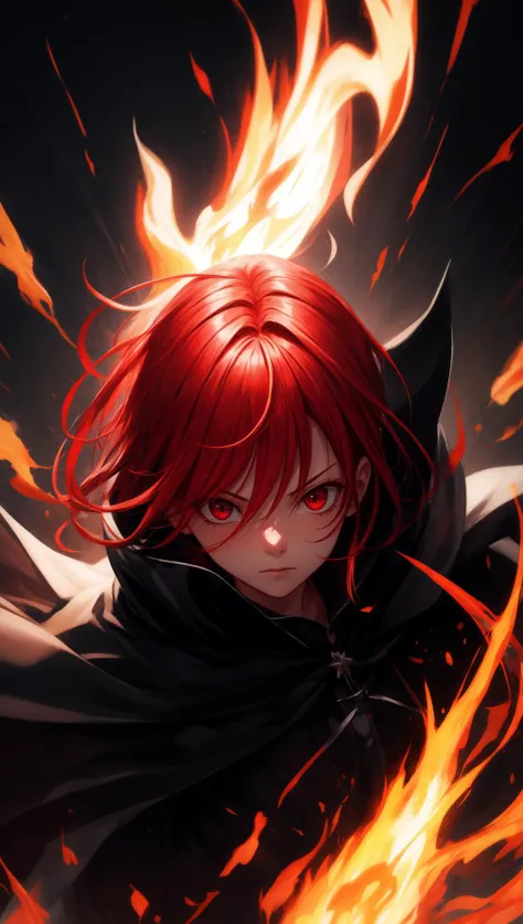 <lora:add_detail:0.8>, masterpiece, high quality, 8k, beautiful lighting, <lora:ShanaLORA:0.9>, Shana, red hair, red eyes, black cape, (frown:0.5), defending, (gritted teeth:0.7), <lyco:UnlimitedBladeWorksV1:1>, KatanaTwoHands, (from below:0.8), hard light, dramatic lighting, foreshortening, fire, flame, metropolis, night