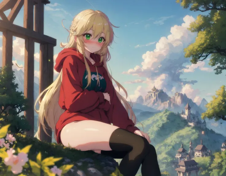 8k,masterpiece,ethereal,anime,1girl,sitting on far away mountain,far away shot,long blonde hair with red highlights,extremely blushed, green sparkly eyes,shy,scared pose,baggy hoodie,black tights, (posing shyly:1.3)
