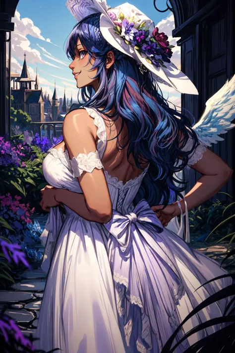 depth of field:1.3, 4k, (((((dark skin))))), (dark-skinned female), ((solo)), (smile, closed mouth), <lora:more_details:0.45>, (((cowboy shot))), (1girl), gigantic breasts, (((angel))), angel wings, ((((blue hair)))), (((violet hair))), (two-tone hair, multicolored hair), ((straight hair)), (short hair), yellow eyes, realistic background, (picturesque medieval landscape), (((fantasy))), <lora:m99_bellybuttonremover_1:1.2>, <lora:wrenchrococodome:0.8> wrenchrococodome, hat, hat flower, (((white dress))) from behind,