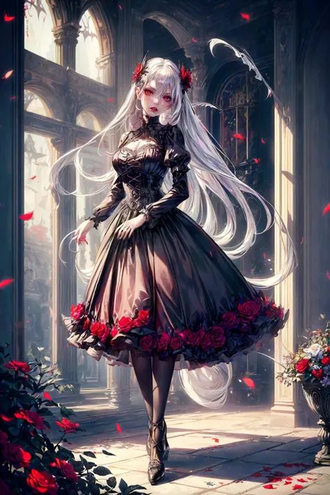 (masterpiece, best quality, high details, incredible high-key lighting, extremely detailed, ((long shot)), full body) 1girl, (woman, gothic vampire silver hair red eyes pale macabre aura, perfect eyes, detailed face, shiny lips, fangs, angry), walking, flower garden, flowers, winds, (flying flower petals), butterflies, sunny <lora:add_detail:1>