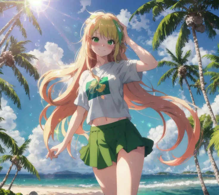 8k,masterpiece,ethereal,anime,1girl,long blonde hair with red highlights,bright smile,extremely blushed,looking mischievously at camera, green sparkly eyes,baggy green tee,gray skirt, lensflare, sunny day, middle of ocean on small island with palm trees, wide view, landscape, (posing shyly:1.4)