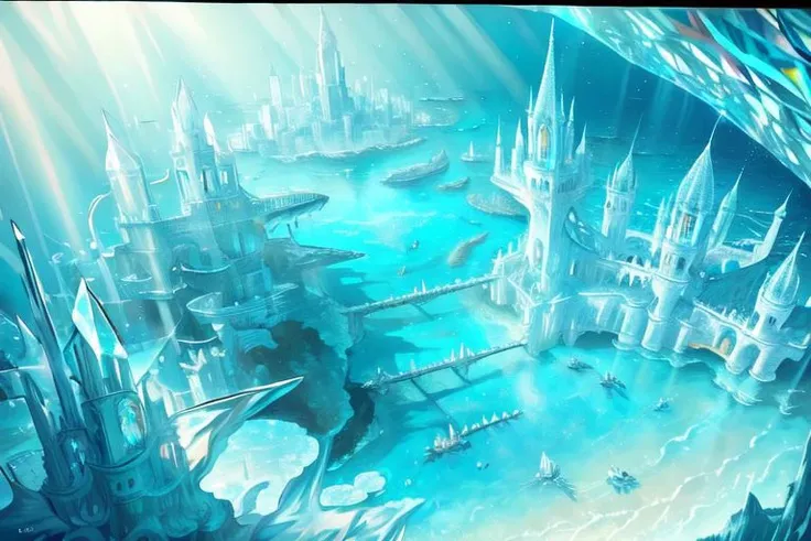 4k, very high resolution, masterpiece, (hyper quality), highly detailed illustration, digital art, digital painting, vivid color, scenic, realistic, Underwater Crystal Palace, hidden deep within the ocean's embrace, iridescent walls refracting ambient marine light, blue, ((ocean depths)), glowing, (deep underwater), from above, atlantis,