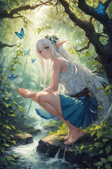 masterpiece, best quality, absurdres, illustration, watercolor, (color contrast:1.2), vivid color
1girl, solo, long hair, white hair, elf, skirt, wading, sleeveless, barefoot, bare shoulders, crouching, looking at butterfly
outdoors, forest, leaves, mud, branches, vines, creek, butterflies, waterfall