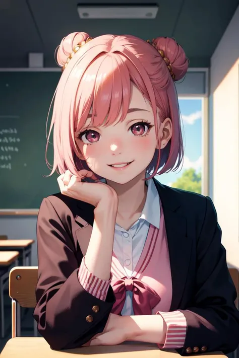 best quality, masterpiece, portrait, close up, upper body,
1girl, yuigahama yui, pink hair, brown eyes, short hair, single hair bun, medium breasts, school uniform, black jacket,
indoors, classroom,
looking at viewer, smile
<lora:Kizuki - OreGairu - Yuigahami Yui:0.90>