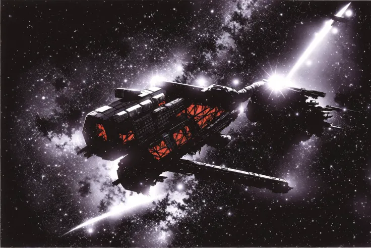 masterpiece, grimdark, retro sci-fi scenery, lens flare, nebula, stars, (in space, space), dark, ((panoramic,)) (derelict starship ((floating in space)) surrounded by metal debris), lifeless space hulk, dead spaceship, sci-fi, uhd, extremely detailed, 8k, intricate details, by Chris Foss, by John Berkey, by Jim Burns, no humans, <lora:Haruhiko Mikimoto_v30:0.7>