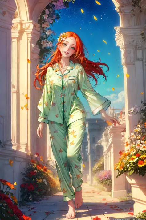 (masterpiece, best quality, high details, incredible high-key lighting, extremely detailed, ((long shot)), full body) 1girl, (woman, thin redhead (freckles) green eyes colorful pajamas, perfect eyes, detailed face, shiny lips, perfect teeth, joyful smile), walking, flower garden, flowers, winds, (flying flower petals), butterflies, sunny <lora:add_detail:1>
