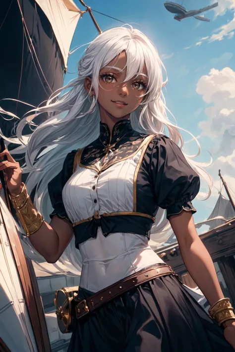 (masterpiece:1.2, best quality:1.2), ((((dark skin)))), depth of field:1.3, (beautiful, perfect, delicate, detailed, intricate, aesthetic:1.2), (solo), (smile, closed mouth), ((white hair)), black crop top, long hair, <lora:more_details:0.45> ((outdoors, airship, sky, realistic background)),