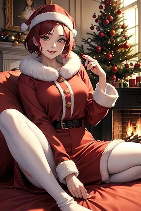An attractive woman with short red hair wearing Christmas themed night clothes and winter cap, posing proudly between a Christmas tree and fireplace, flirting, smile, (best quality, masterpiece, high quality:1.5)