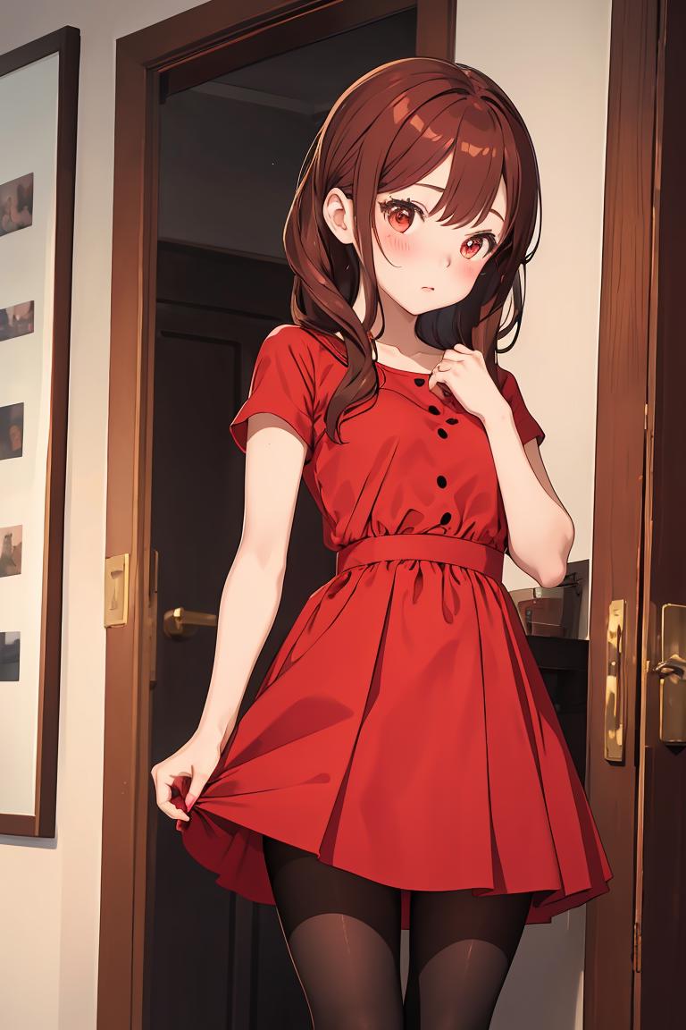 Anime girl in red dress standing in front of a door - SeaArt AI