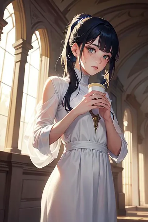 ethereal fantasy concept art of highres, masterpiece, perfect lighting, bloom, cinematic lighting, adult, female, looking at viewer, cowboy shot, (RSEEmma:1.5),<lora:RSERomantic_RSESofiko_RSEEmma-v1:0.3>, blunt bangs, black hair: blue hair, messy mid ponytail, light eyes, thick eyebrows, freckles, full lips, nervous, fingers intertwined, subtle yet elegant outfit, tranquil garden, quiet caf, slightly hunched and fidgety pose, . magnificent, celestial, ethereal, painterly, epic, majestic, magical, fantasy art, cover art, dreamy