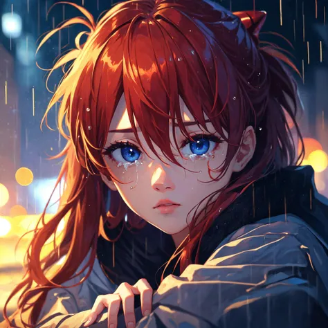(masterpiece, best quality, highly detailed, close up portrait, eye focus), souryuu_asuka_langley, solo, hair between eyes, blue eyes, red hair, coat, cinematic scene, sitting, bench, rain, arms to head, crying, tears, panic, br_max, hyperrealism, tokyo city night, stary sky, bokeh, <lora:souryuu_asuka_langley-10:0.8> <lora:br_max-000014:0.6>