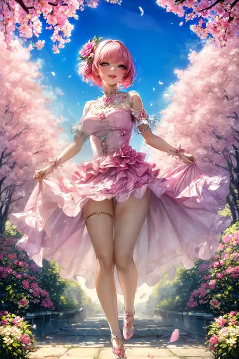 (masterpiece, best quality, high details, incredible high-key lighting, extremely detailed, ((long shot)), full body) 1girl, (woman, short pink hair tiny breasts jewelry high class dress, perfect eyes, detailed face, shiny lips, perfect teeth, joyful smile), walking, flower garden, flowers, winds, (flying flower petals), butterflies, sunny <lora:add_detail:1>