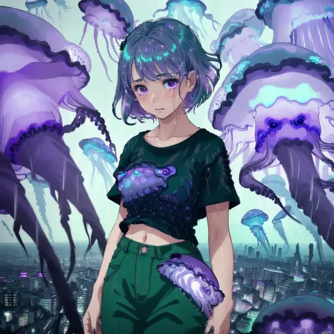 8k,masterpiece,1girl,extremely blushed,stormy background with city in distance,raining,(purple and black jellyfish shielding girl from rain:1.5),crying,photorealistic,anime,dark atmosphere,landscape,ethereal,misty,light blue hair, bobcut, small boobs,(plain black tee shirt:1.4),(green pants:1.3),vibrant colors,pg-13