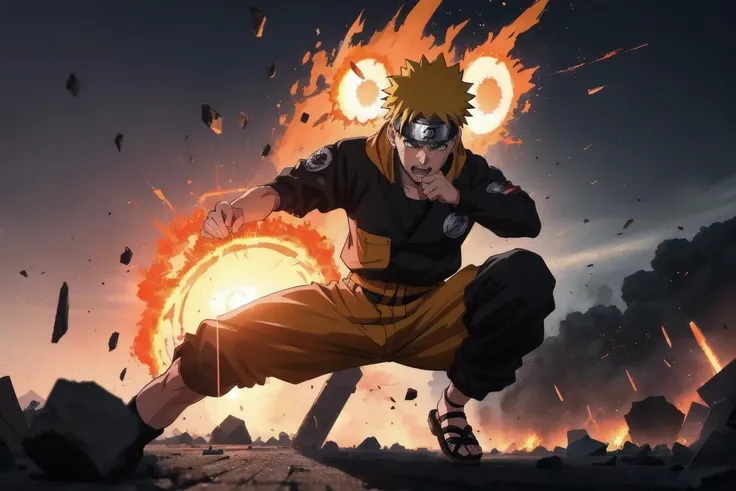 A dynamic and intense battle scene of Naruto Uzumaki from Naruto,mid-jump,throwing a Rasengan,his face showing determination and focus,vibrant orange jumpsuit contrasting against a chaotic battlefield backdrop,with debris flying and a large crater indicating the impact of the fight,Konoha village visible in the far distance under the setting sun,energetic chakra aura glowing around him,opponent's shadowy figure in the foreground preparing a counterattack,vivid colors,highly detailed,action-packed,digital art,anime style,high resolution,(best quality, 4k, 8k, ultra-detailed, realistic, photorealistic:1.37),HDR,UHD,studio lighting,ultra-fine painting,sharp focus,physically-based rendering,extreme detail description,professional,vivid colors,bokeh,
