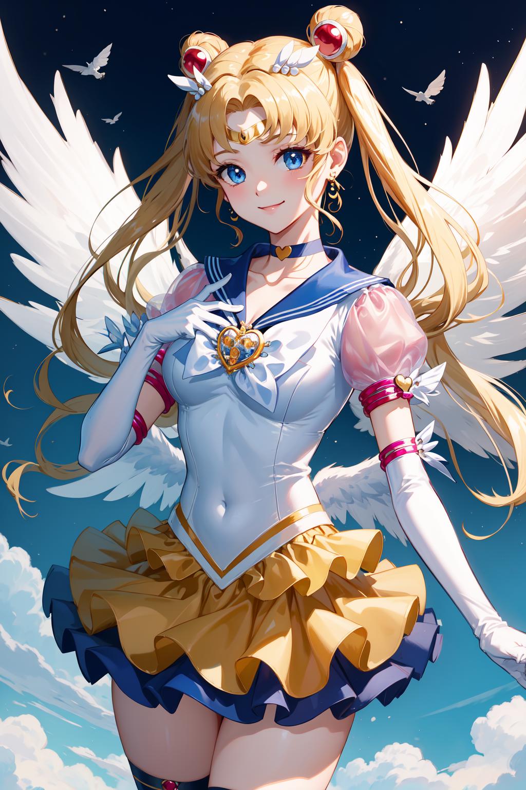 A woman in a sailor outfit with wings flying in the sky - SeaArt AI