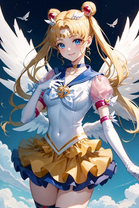 masterpiece, best quality, highres, 1girl, aausagi, double bun, twintails, parted bangs, hair ornament, crescent facial mark, jewelry, earrings, choker, puffy short sleeves, pink sleeves, heart brooch, white gloves, elbow gloves, layered skirt, wings, <lora:sailor_moon_v1:0.7>, sky, fly, cowboy shot, smile