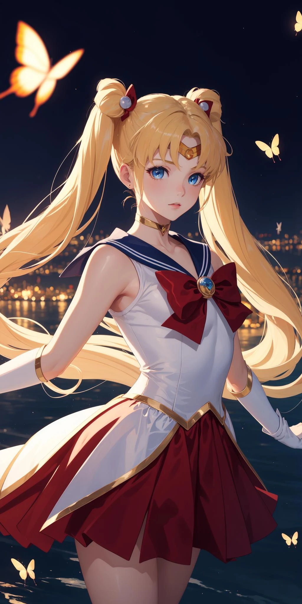 (work of art), (masterpiece), (best quality), a blonde girl, (blue eyes), wearing Sailor Moon clothes, brightly lit night city background, red bow, butterflies in golden circle, flowing hair (pigtails)<lora:sailor_moon_v1:0.7>