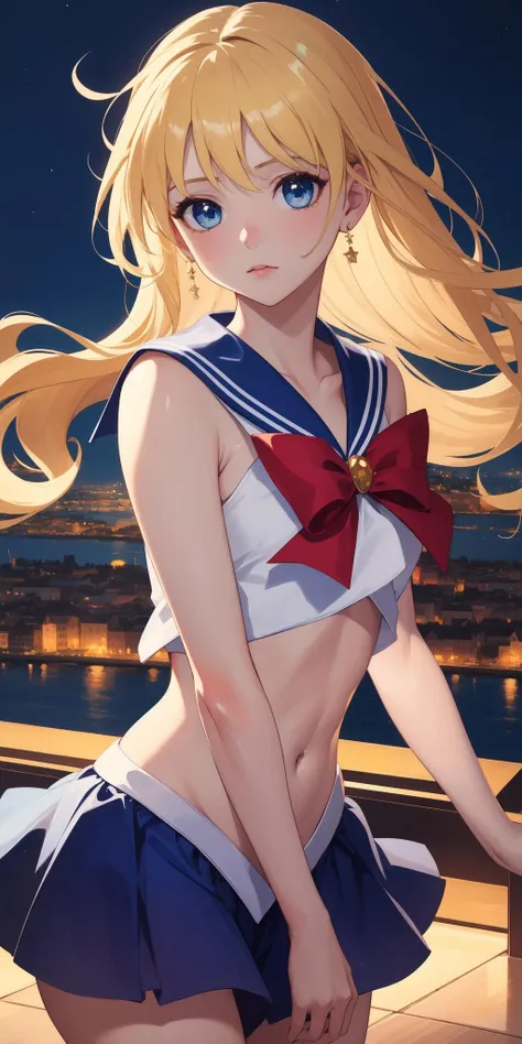 (work of art), (masterpiece), (best quality), a blonde girl, (blue eyes), wearing Sailor Moon clothes, brightly lit night city background <lora:sailor_moon_v1:0.7>