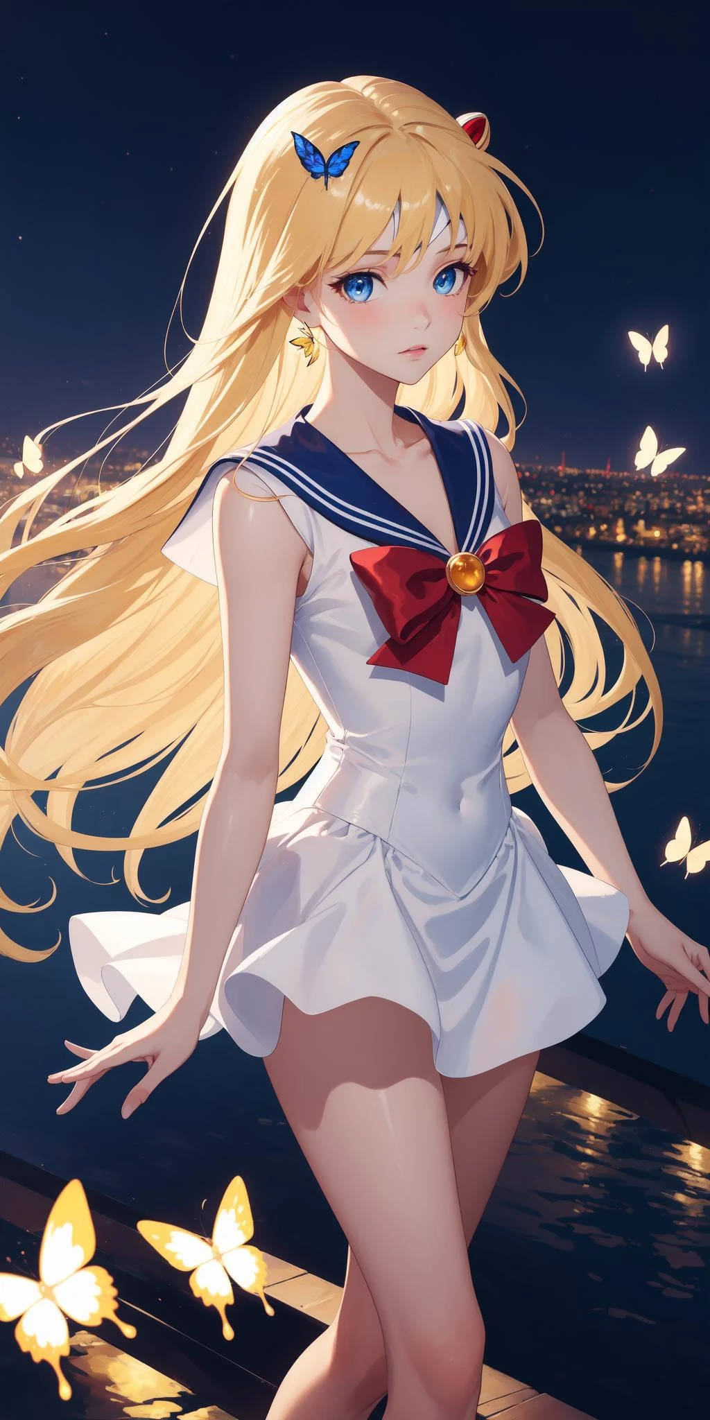 (work of art), (masterpiece), (best quality), a blonde girl, (blue eyes), wearing Sailor Moon clothes, brightly lit night city background, red bow, butterflies in golden circle, flowing hair <lora:sailor_moon_v1:0.7>