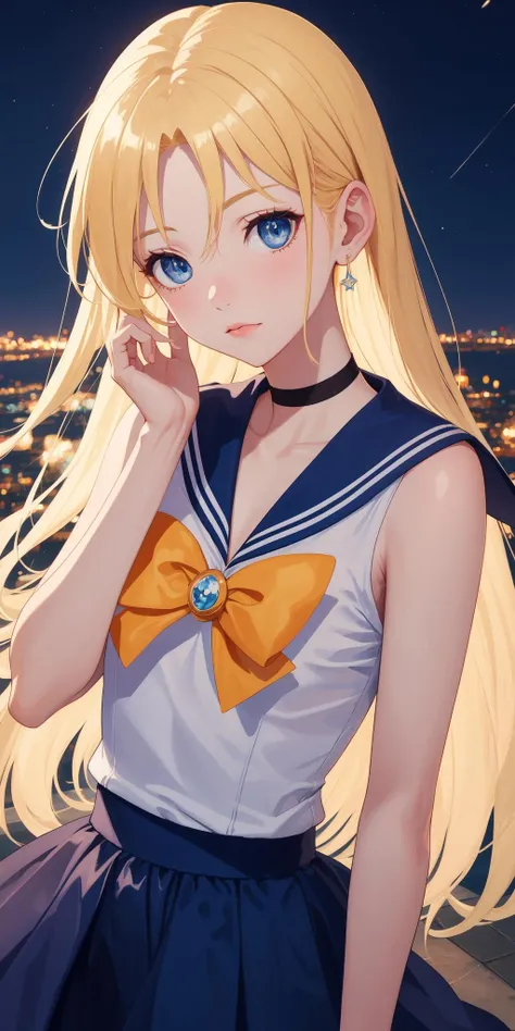 (work of art), (masterpiece), (best quality), a blonde girl, (blue eyes), wearing Sailor Moon clothes, brightly lit night city background <lora:sailor_moon_v1:0.7>