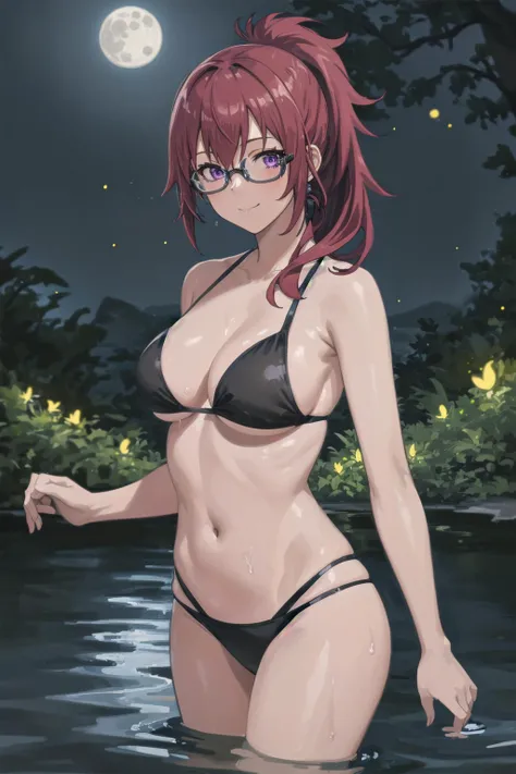 best quality, (masterpiece:1.2), detailed,
<lora:chara_MushokuTensei_LiliaGreyrat_v1:0.8>,
1girl, solo, closed mouth, smile,
short ponytail, long hair, red hair, purple eyes, glasses,
black bikini,
standing, in water, looking at the viewer,
lake, night, moon, fireflies