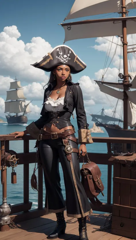 ((1 dark skinned African woman with freckles)), practical pirate attire, (((white long-sleeved pirate blouse))), (((long baggy pants))), small breasts, torn pirate hat, looking at viewer, many necklaces, bracelets, (((large freckles:1 all over body))), Caribbean sun, ((leather black tricorn hat)) with feathers sticking out from it, and [high leather boots] with [metal buckles] and [spurs]. deck of the ship, and [dramatic sky] in natural light, with [soft shadows], fantasy, ((steampunk)), ((pirate ship)), prt:03,